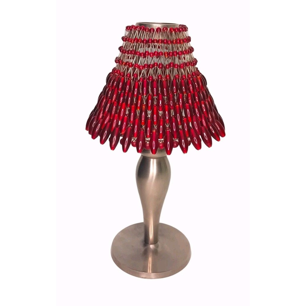 Pottery Barn Polished Pewter Tealight Candle Lamp Ruby Red Glass Beaded Shade